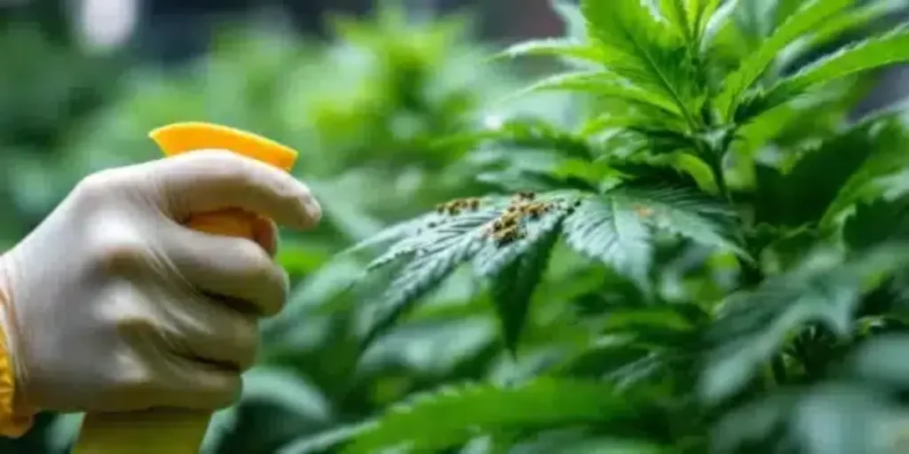 Hand spraying insecticide on Purple Lemonade Autoflower cannabis leaves to prevent infestations.
