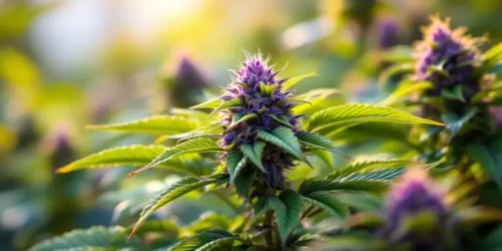Purple Lemonade Autoflower cannabis plant with vibrant purple buds growing outdoors in sunlight.