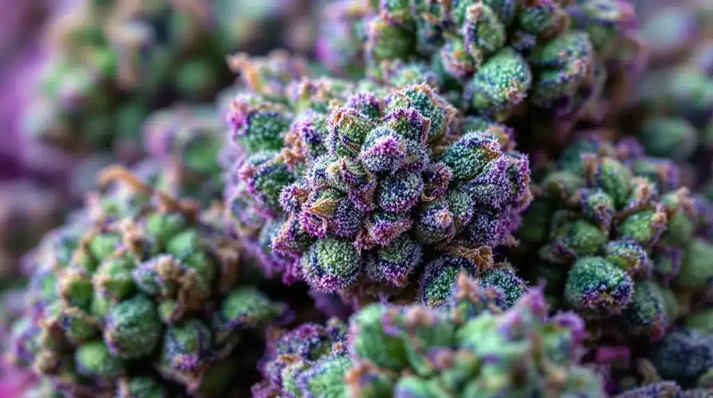 Close-up of frosty cannabis buds with vibrant purple hues and dense trichomes.