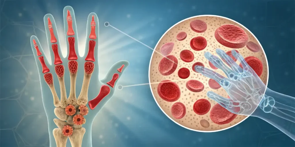 Medical illustration of rheumatoid arthritis showing affected finger joints and bone tissue