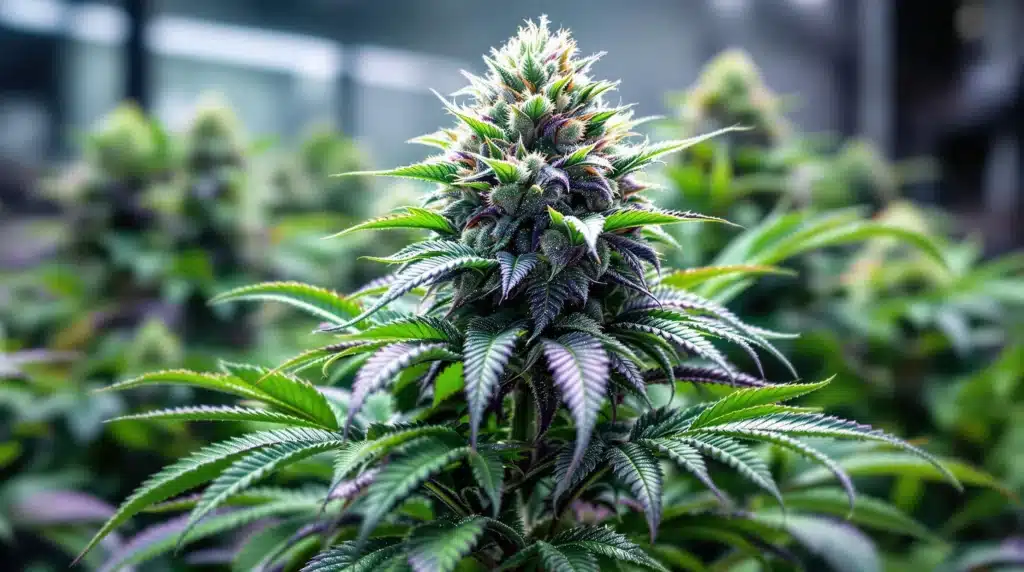 Cannabis plant with purple-tinged leaves and dense frosty buds in an indoor grow setup.