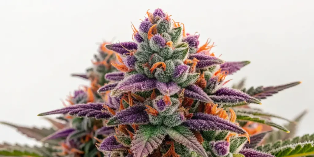 Purple and green cannabis buds with orange pistils and frosty trichomes, resembling Candyland hues.