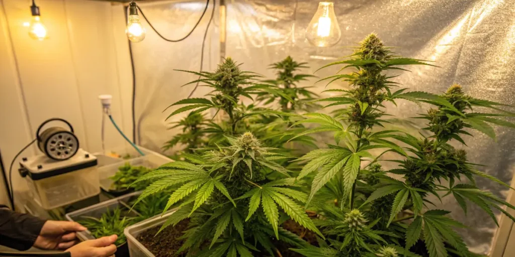 Hyper-realistic indoor cannabis cultivation setup: person's hands tending to cannabis plants in clear trays, under warm hanging lights, with a fan nearby.