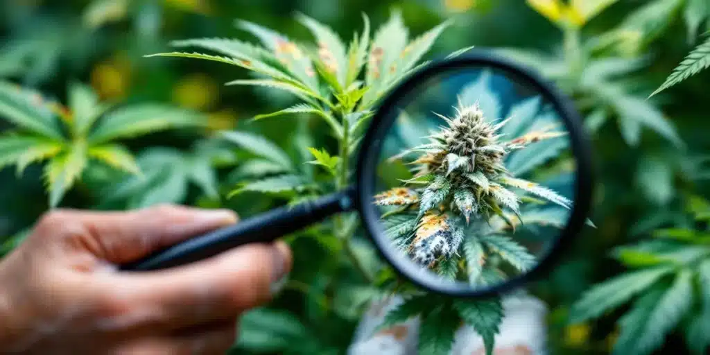 Close-up of a cannabis plant under a magnifying glass showing signs of disease, including yellowing and mold on the buds.