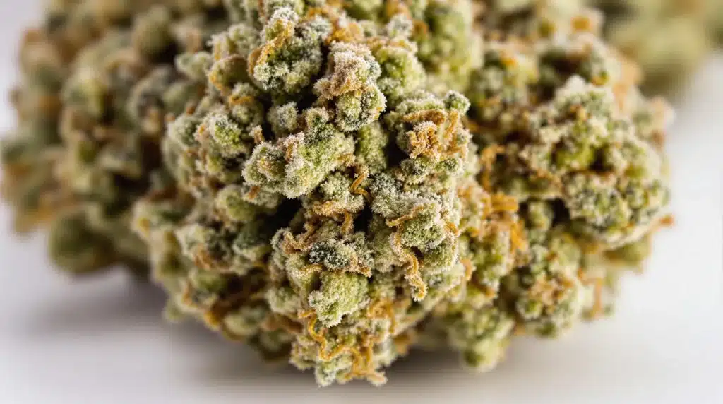 Close-up of a dense Chronic Widow cannabis bud covered in trichomes and orange hairs.