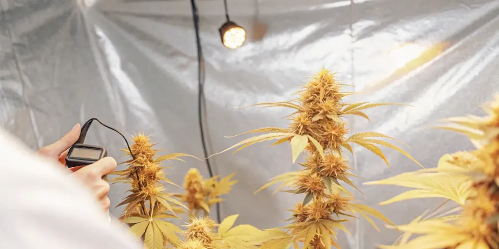 Hyper-realistic indoor cannabis cultivation setup: person's hands holding a black meter near golden-hued cannabis plants under bright overhead lights.