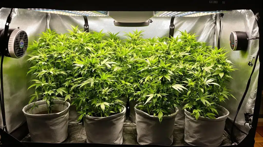 Healthy cannabis plants growing in pots inside a grow tent with LED lights.