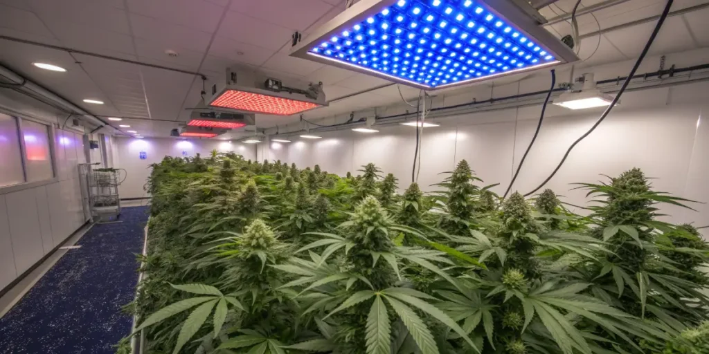 Hyper-realistic indoor cannabis cultivation: vast grow room with rows of lush plants under a mix of red and blue LED grow lights.