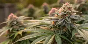 Close-up of London Pound Cake buds with unique colors and abundant trichomes.