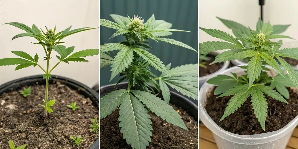 Growth progression collage of London Pound Cake plants from seedlings to mature buds.