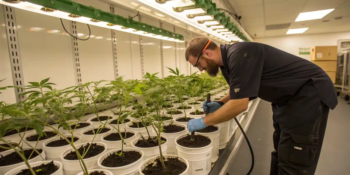 Cultivator applying low-stress training techniques to London Pound Cake plants indoors.