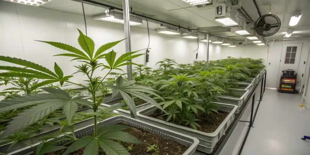 Outdoor cannabis field with rows of plants extending into a sunny, mountainous landscape.