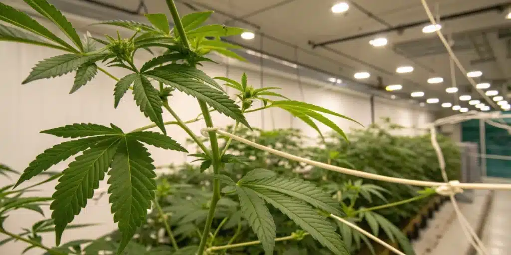 Close-up of a cannabis plant with branches guided by white low-stress training lines in an indoor grow.