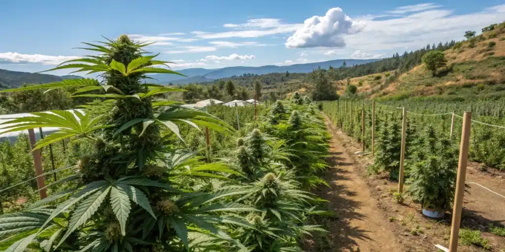 Rows of cannabis plants in an indoor grow room with white walls and overhead lights.