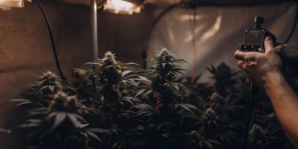 Hyper-realistic indoor cannabis cultivation setup: person's hands holding a black meter near lush cannabis plants with prominent buds, under warm grow lights.