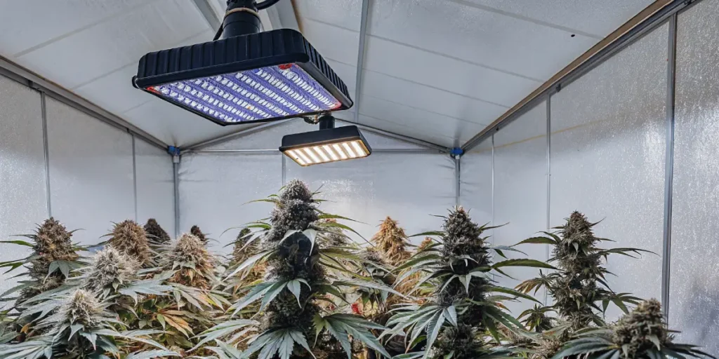 Hyper-realistic indoor cannabis cultivation: dense plants with dark leaves and buds under a mix of purple and warm-toned LED grow lights.
