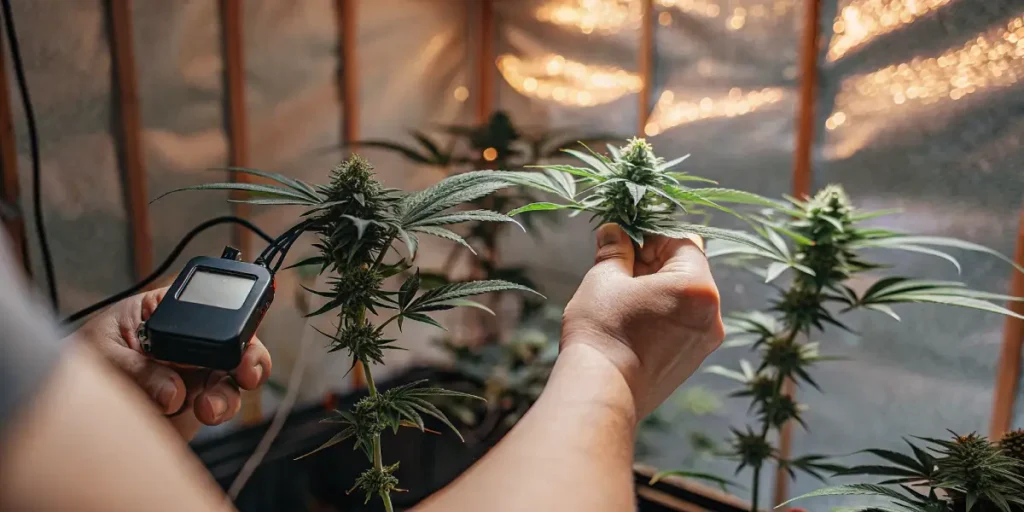 This hyper-realistic indoor cannabis cultivation setup shows hands holding a black meter, carefully inspecting a cannabis plant with dense buds. The plant is surrounded by other similar plants, all illuminated by warm overhead lights. The scene emphasizes the meticulous monitoring and care involved in growing cannabis.