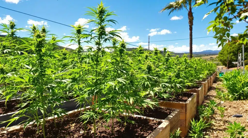 Cannabis plants growing in a sunny outdoor garden with blue sky and palm trees.