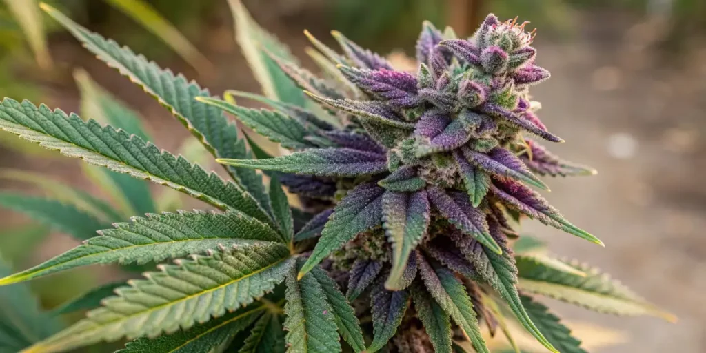 Purple cannabis buds with green leaves, covered in frosty trichomes and captured in natural light.