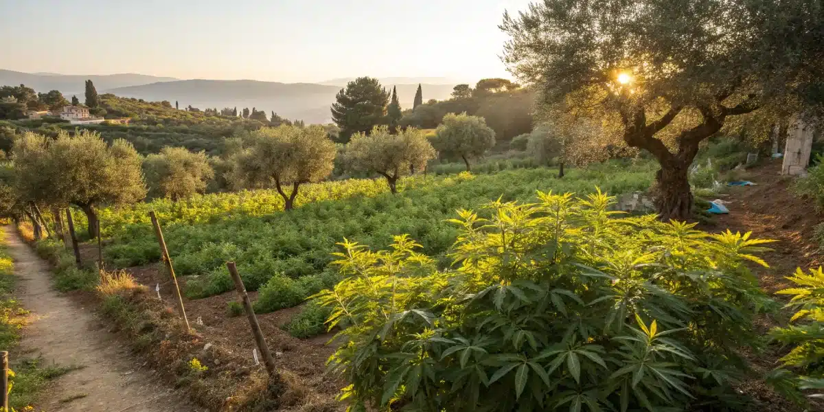Outdoor cannabis garden displaying thriving Super Silver Haze plants under warm Mediterranean sunlight.