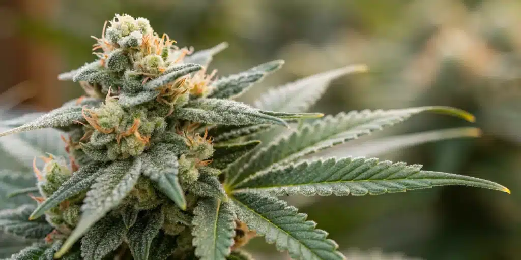 Macro view of Super Silver Haze buds with frosty trichomes highlighting texture and resin quality.