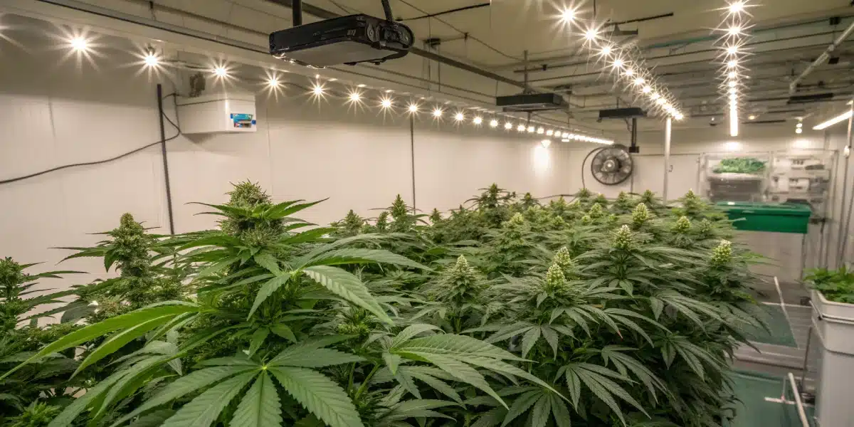 Indoor grow room with healthy Super Silver Haze plants under LED lights and climate control equipment.