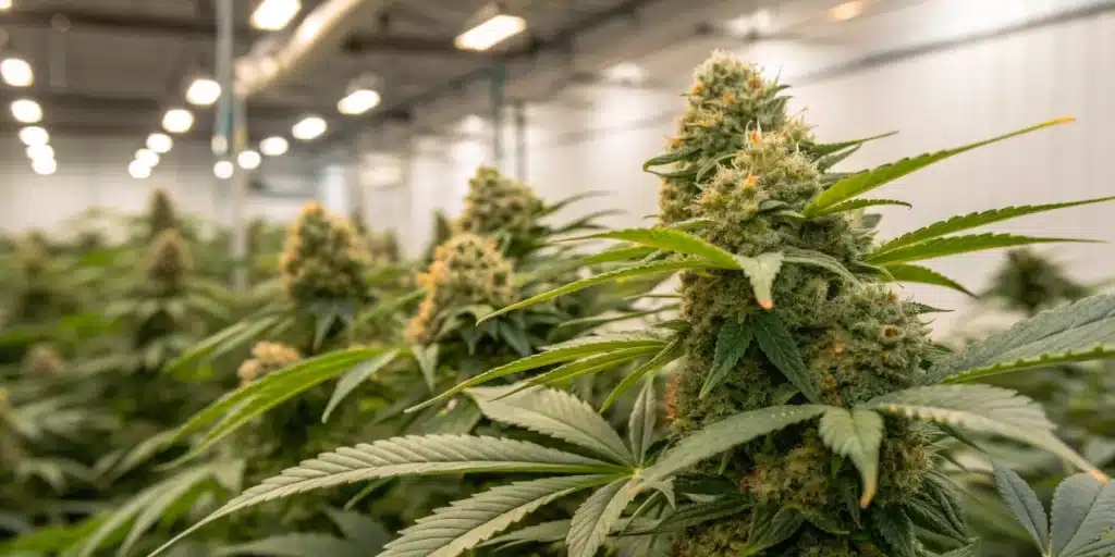 A high-resolution close-up of White Rhino weed buds, showcasing their dense, resinous trichomes and vibrant colors in a controlled indoor grow setup.