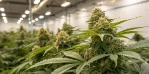 A high-resolution close-up of White Rhino weed buds, showcasing their dense, resinous trichomes and vibrant colors in a controlled indoor grow setup.