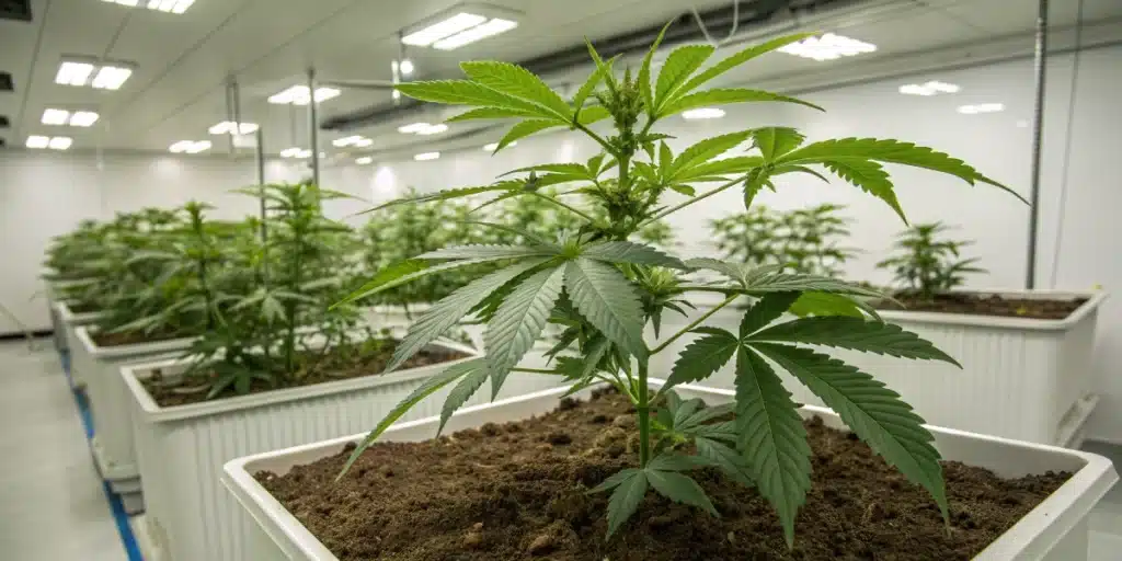 A professional photograph capturing a thriving White Rhino weed plant in a well-managed grow room, with optimal lighting and nutrient-rich soil in focus.