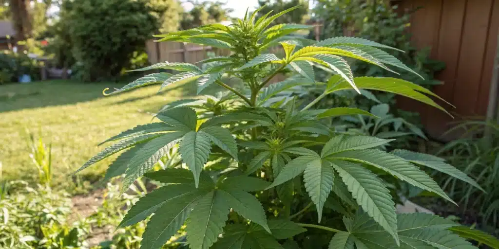 A dynamic side view of a White Rhino weed plant in an outdoor garden, emphasizing healthy foliage and robust growth under natural sunlight.