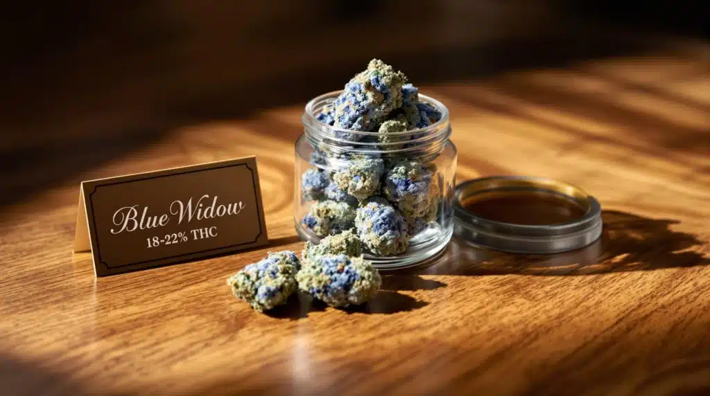 Blue Widow cannabis buds in a transparent jar with a label displaying THC content.