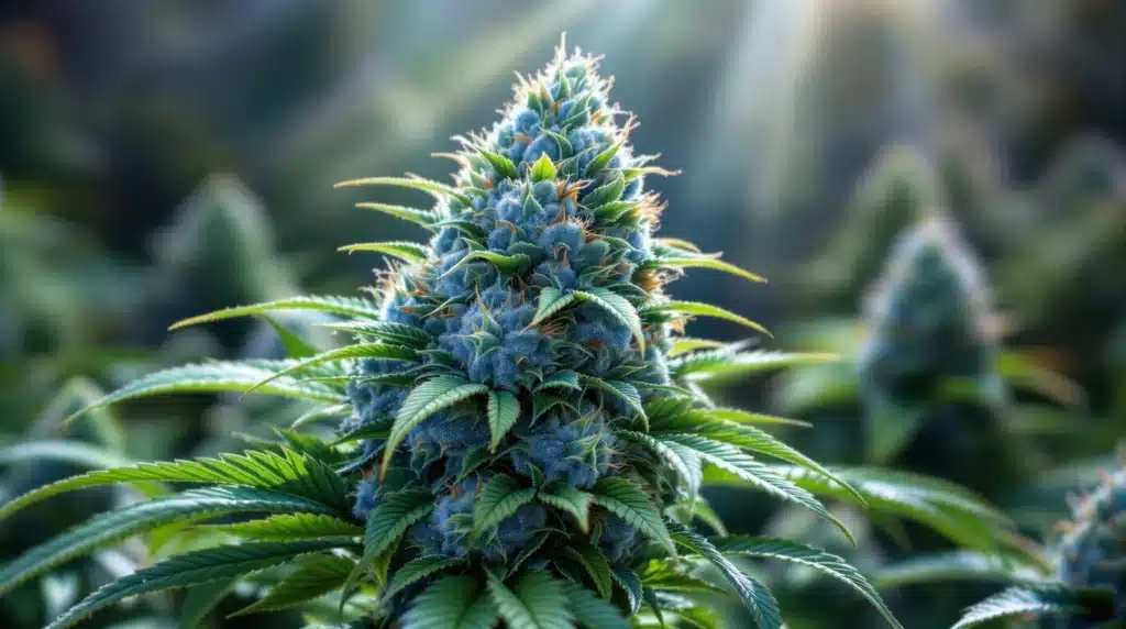 Blue Widow cannabis plant with dense blue-tinged buds under sunlight.