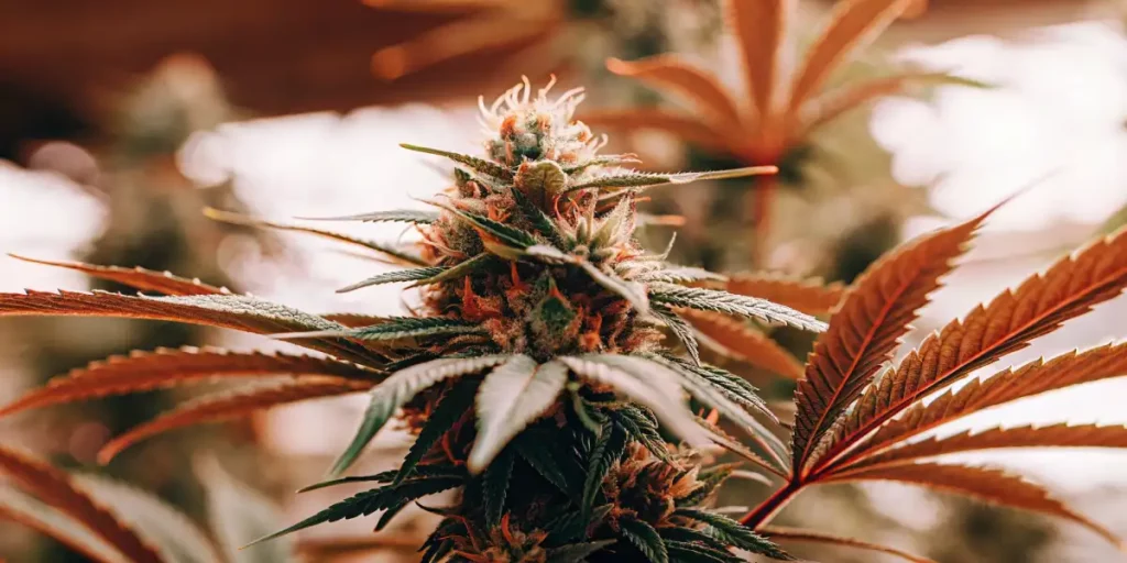 Close-up of cannabis plant with dense buds in a warm indoor garden with LED lights.