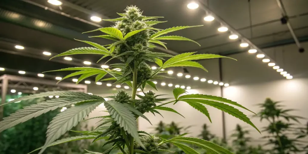 Cannabis plant with budding flowers under bright indoor lights in a controlled environment.