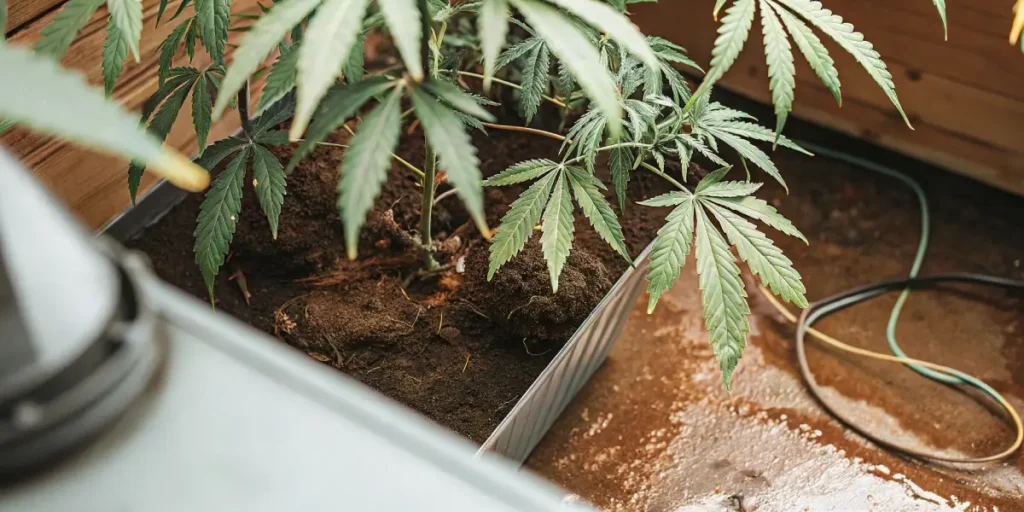 Cannabis plant with exposed roots in grow tray surrounded by soil