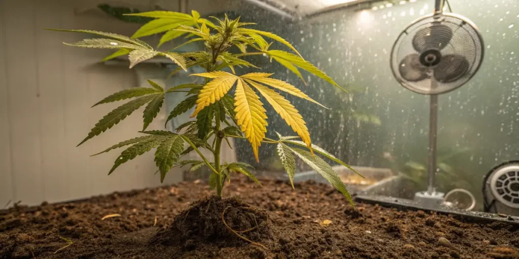 Indoor cannabis plant with yellowing leaves in humid environment