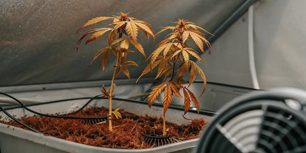 Cannabis plants with vibrant orange leaves in hydroponic tray