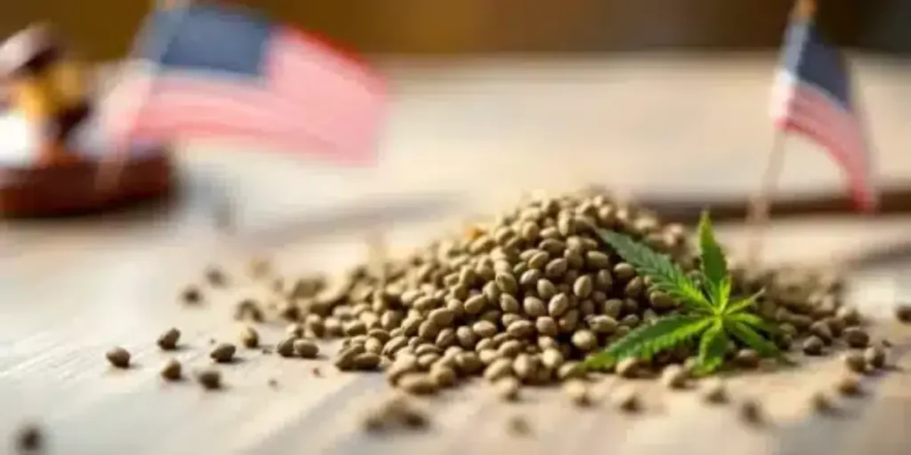 Pile of cannabis seeds with small American flags in the background.