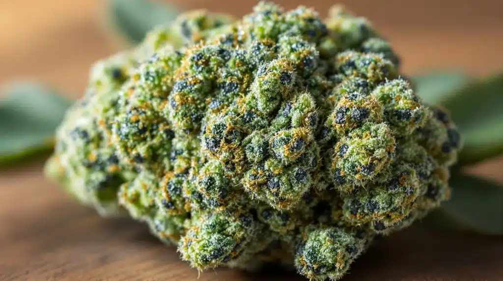 Close-up of a frosty Blue Widow cannabis bud with vibrant blue and green hues.