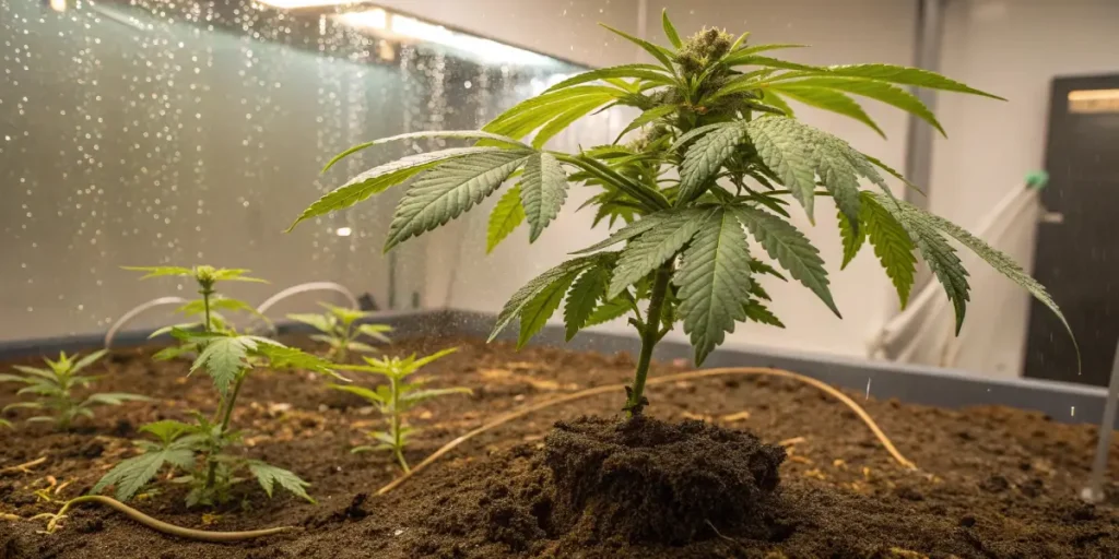 Indoor cannabis plant under mist irrigation with healthy green leaves