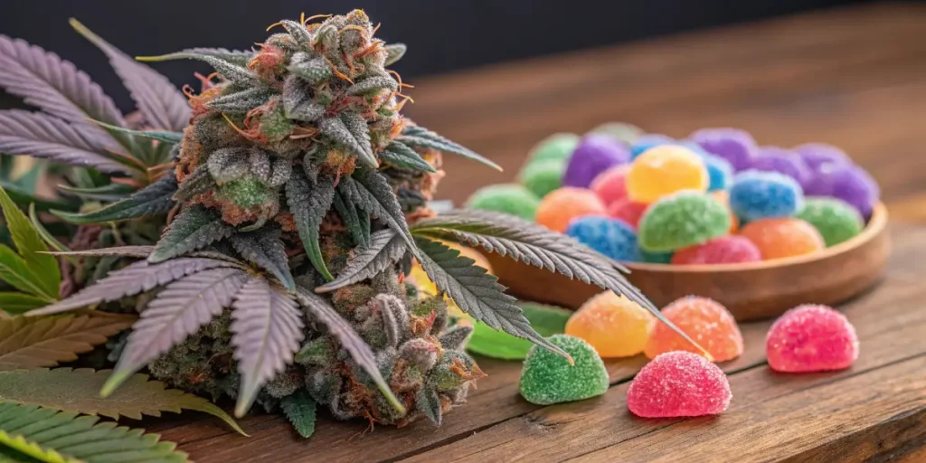Runtz cannabis bud with purple leaves beside colorful THC gummies on a wooden table.