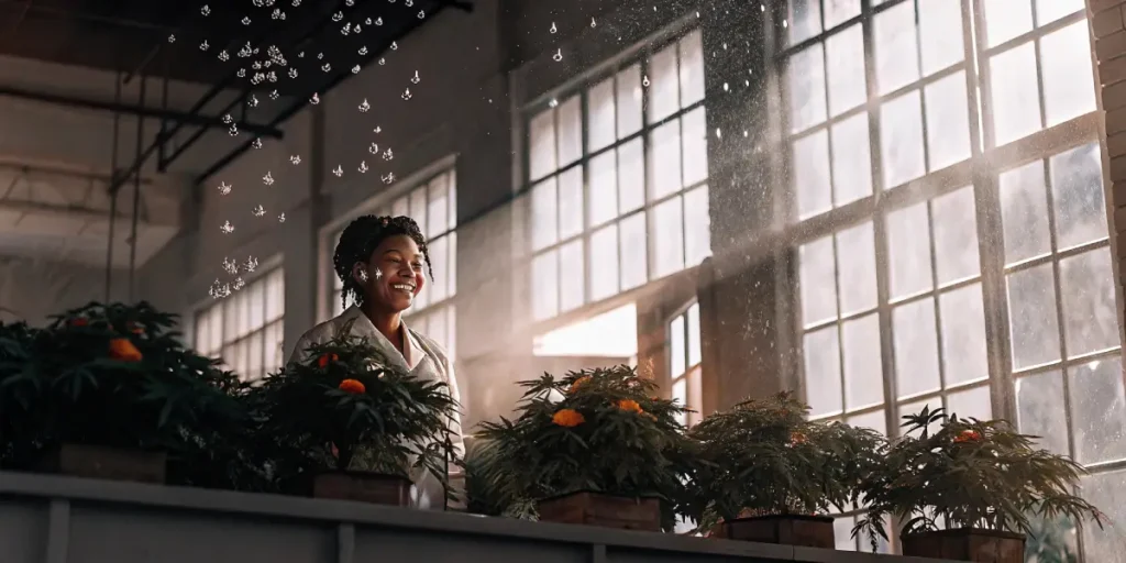 Smiling person looking up, with smoke, surrounded by cannabis buds and orange fruits, "Bliss Molecule ANANDAMIDE" on screen.