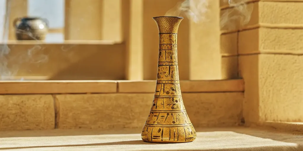 Hyper-realistic composition: an ancient-looking gold bong with hieroglyphic patterns, emitting smoke, resting on stone in a sunlit setting.