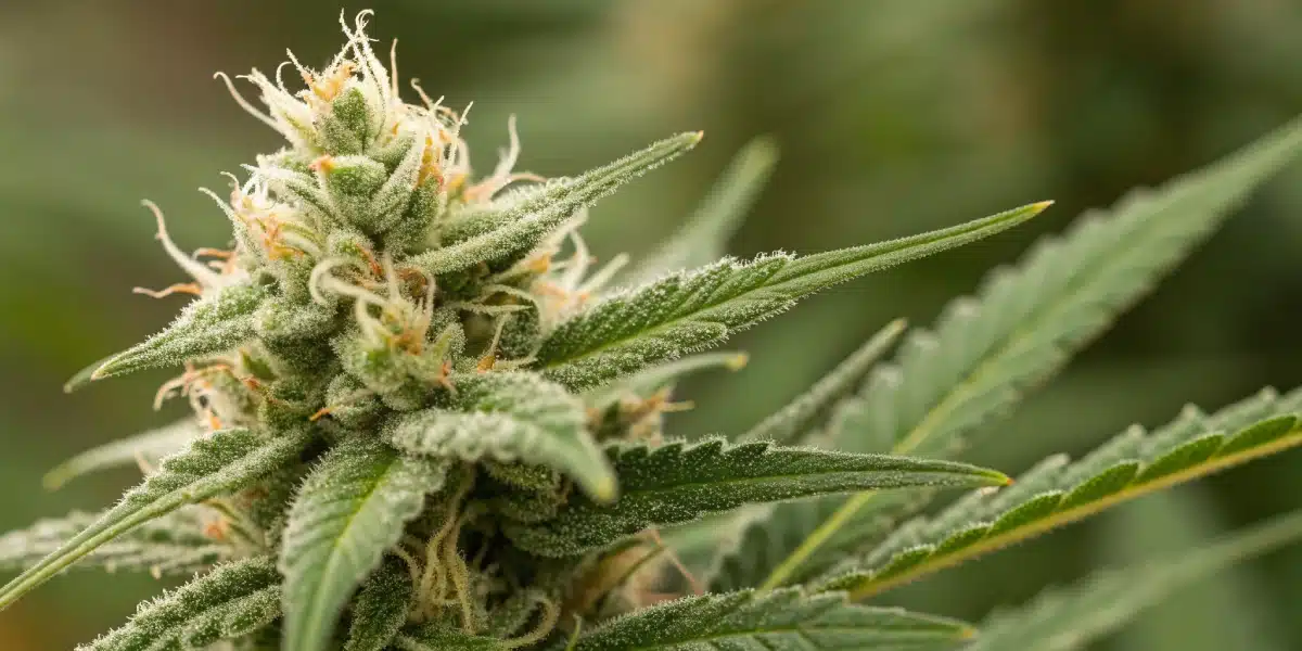 Macro shot of a Banana Cream Weed bud, emphasizing its resinous surface and detailed trichomes.