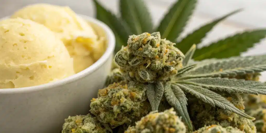 Close-up view of Banana Cream Weed buds with creamy textures and vibrant hues, showcasing thick trichomes.