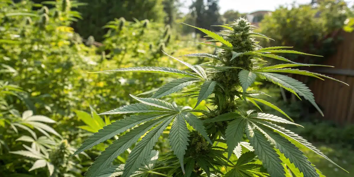 Outdoor garden with healthy Banana Cream Weed plants under natural sunlight in a lush, vibrant setting.