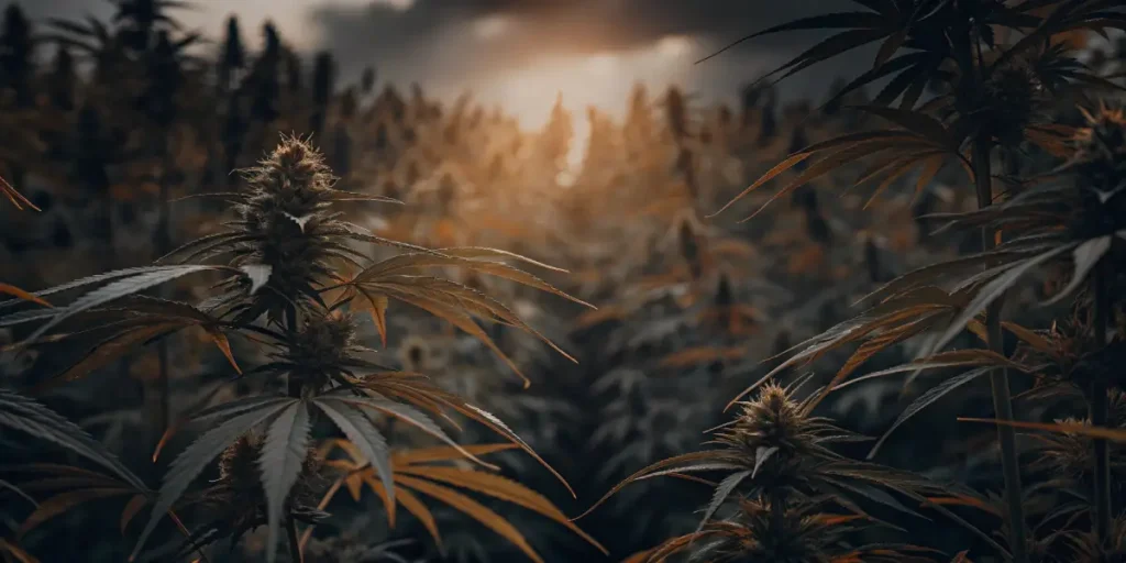 Close-up of cannabis plants in a field, with sunset light breaking through dark clouds.
