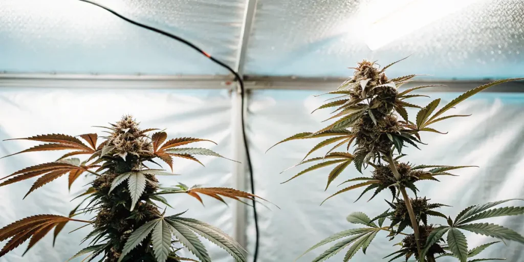 Hyper-realistic close-up of two mature cannabis plants with prominent buds and distinct leaf colors, under bright grow lights.