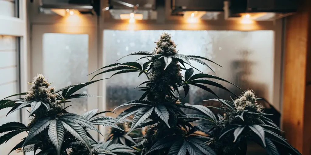 Hyper-realistic image of mature cannabis plants in a grow room, with two large glass jars of dried cannabis in the foreground.