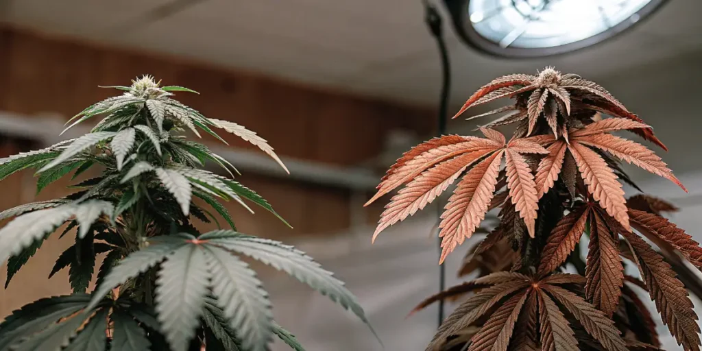 Hyper-realistic close-up of two cannabis plants, one green and one with reddish-brown leaves, under an indoor grow light.